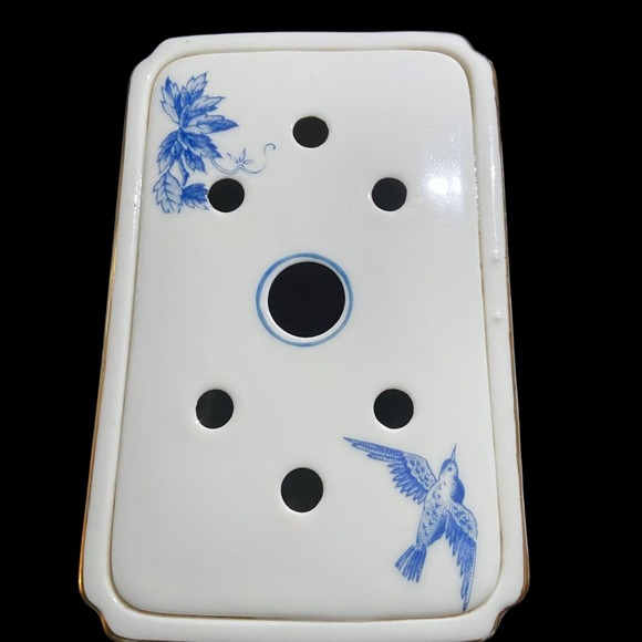 Andrea by Sadek Porcelain Flower Frog Chinoiserie Blue White with Birds - Picture 3 of 9